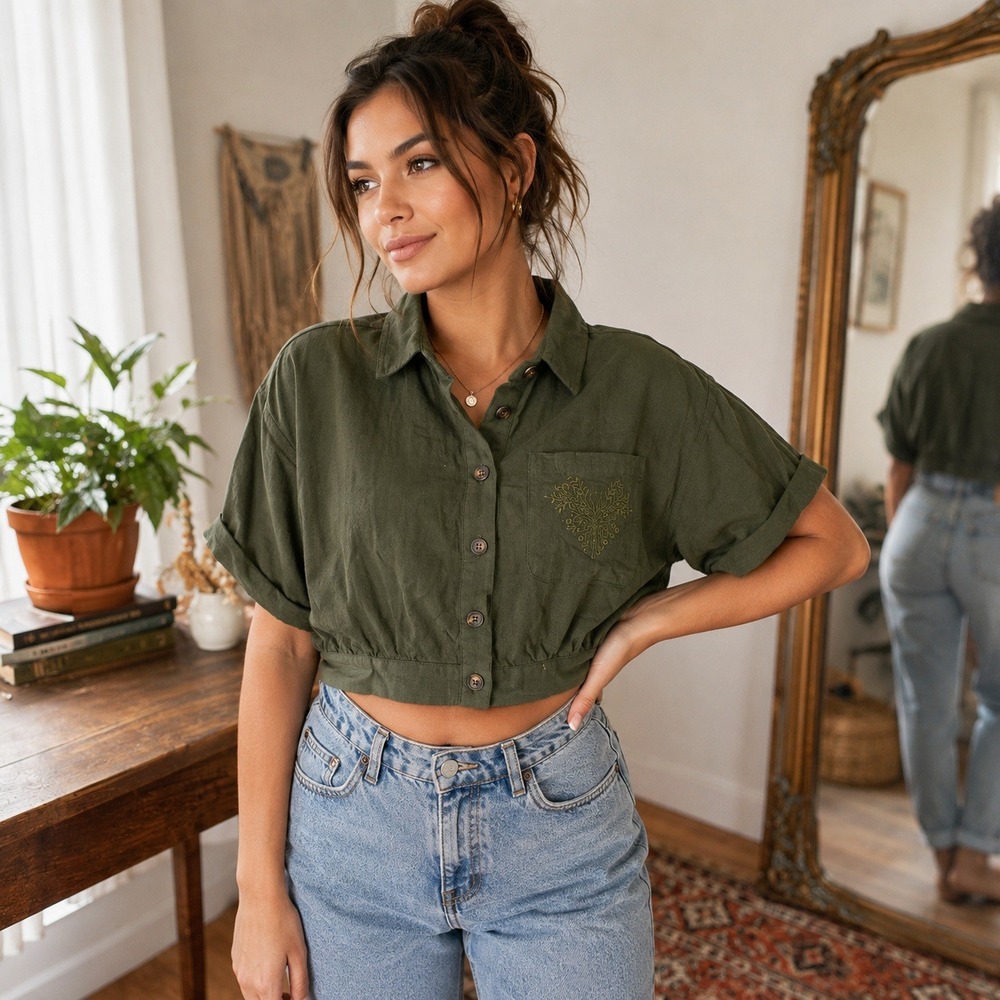 Disturbia Green Embroidered Cropped Cotton Linen Button Down Shirt US16 6304